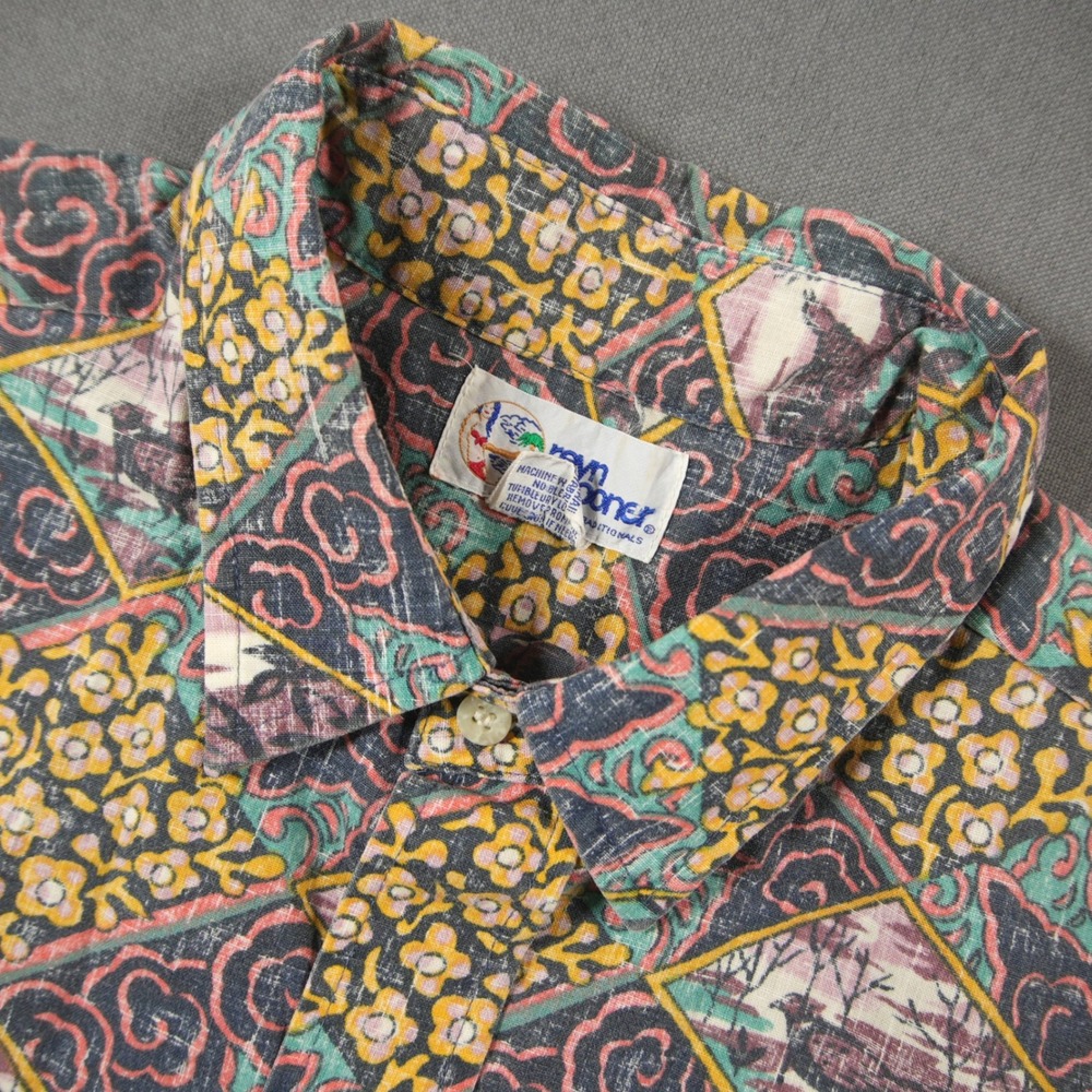 Vintage 90s Reyn Spooner Reverse Hawaiian Bird Floral Men Shirt L Geometric Rare